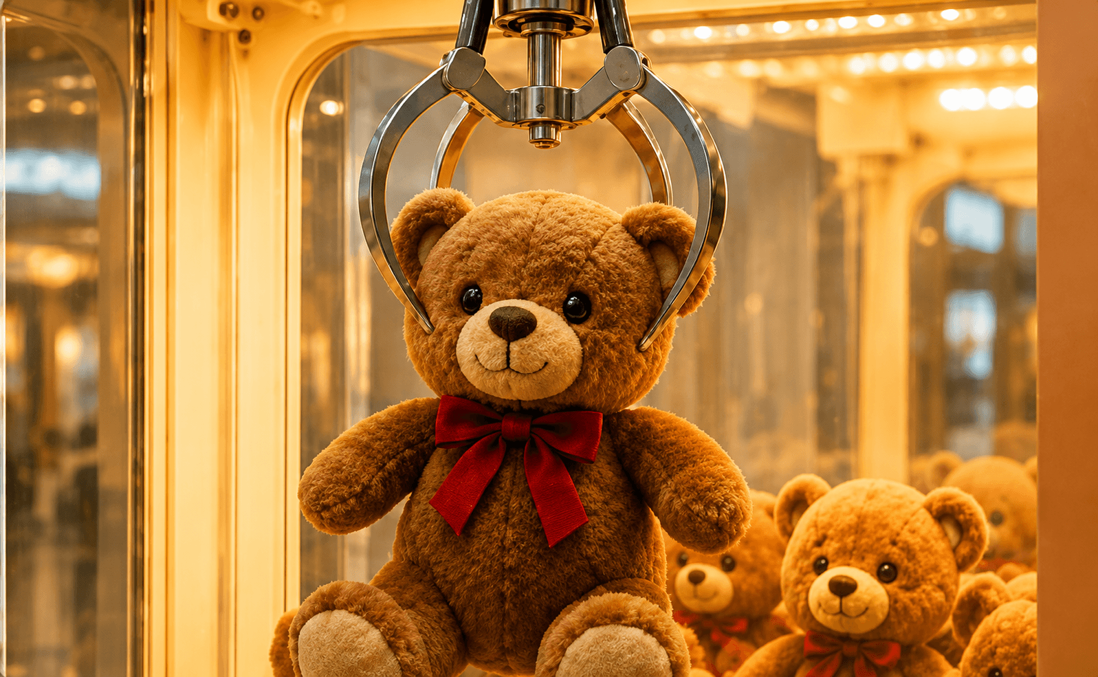 A teddy bear being picked up by a claw machine