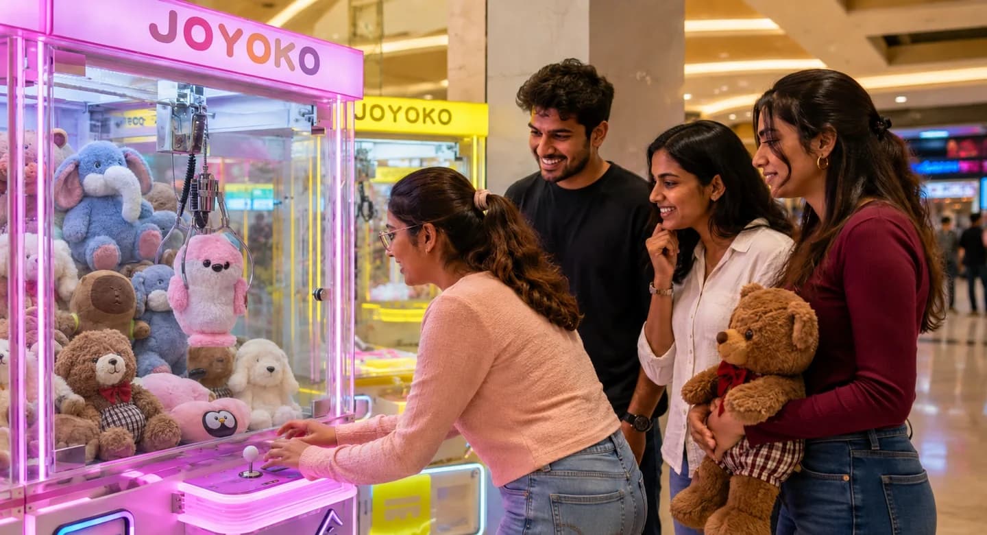 Joyoko claw machines drawing a crowd inside a mall